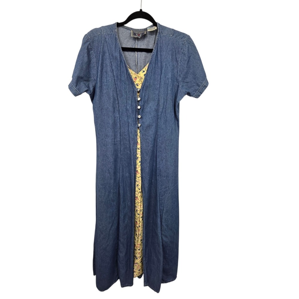Vintage 90s Long Denim Twofer Dress Womens MED Blue Yellow Ditsy Floral Cottage